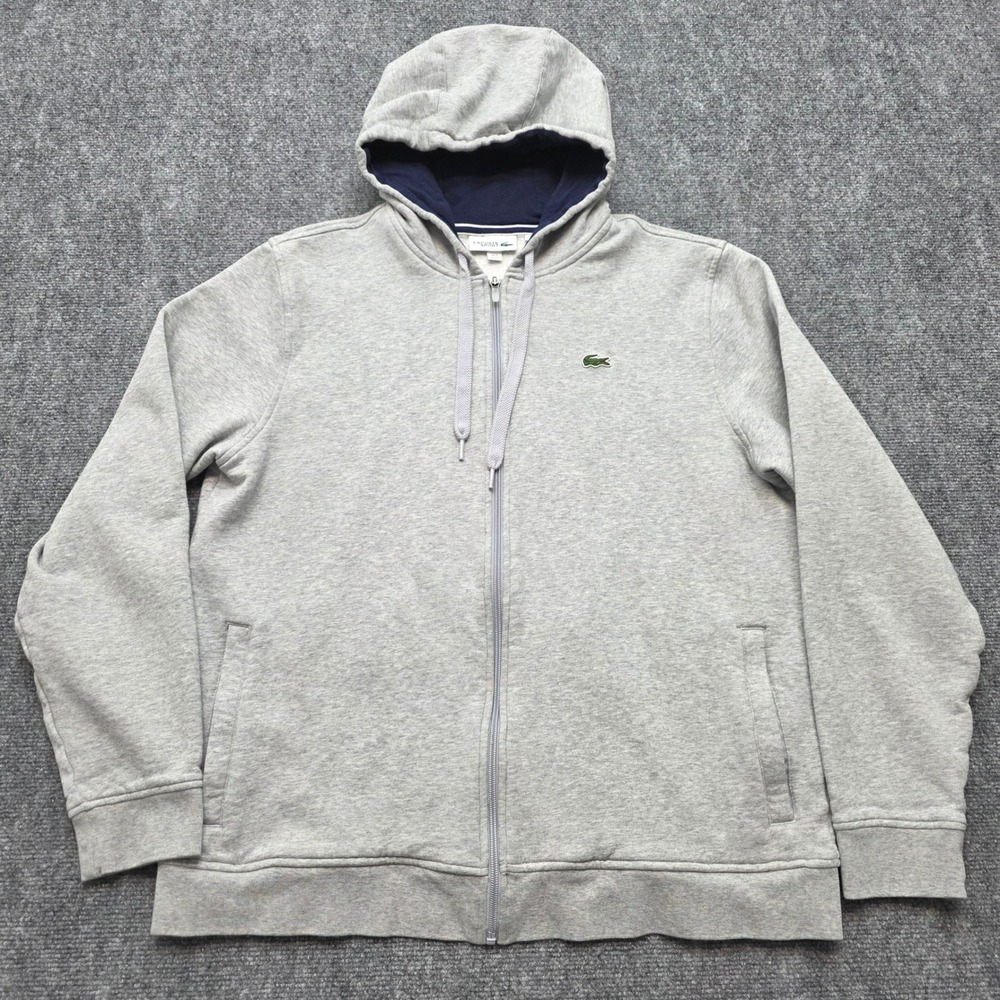 Lacoste Sport Men's XXL Full Zip Hoodie Gray Navy Blue Fleece Sweatshirt Jacket - Picture 2 of 15